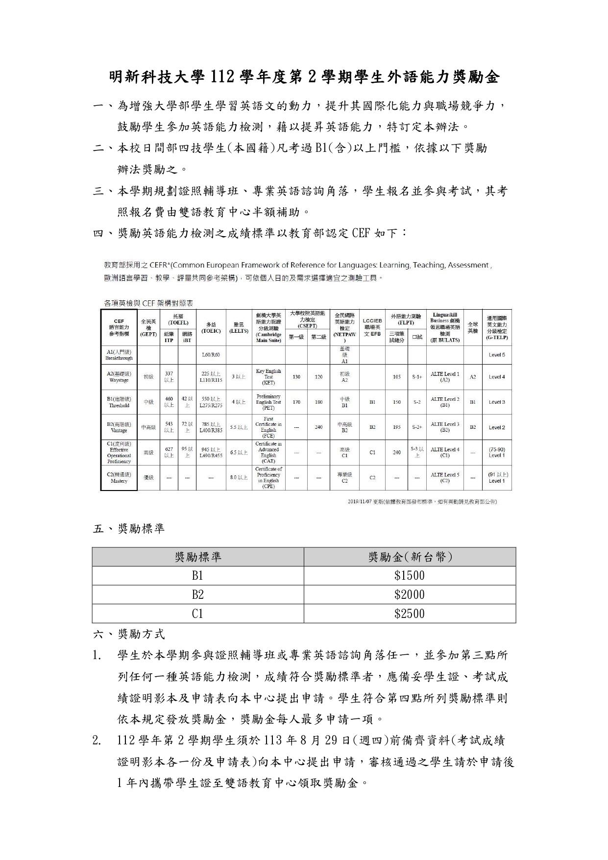 112-2明新科技大學學生外語證照獎勵金發放辦法_page-0001