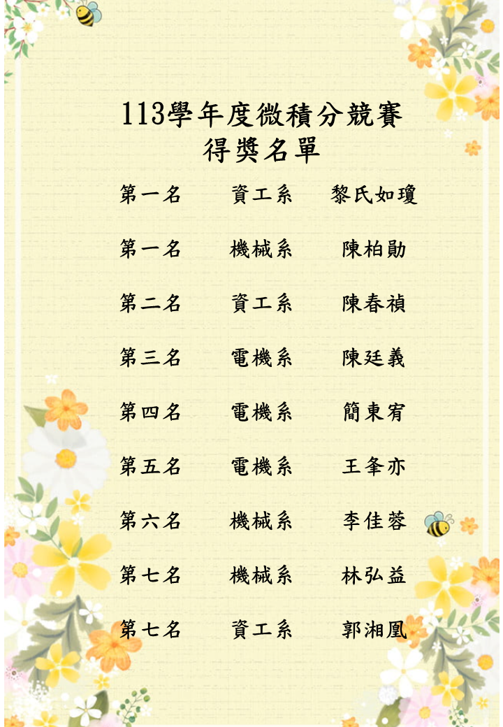 113學年微積分競賽得獎名單(1)