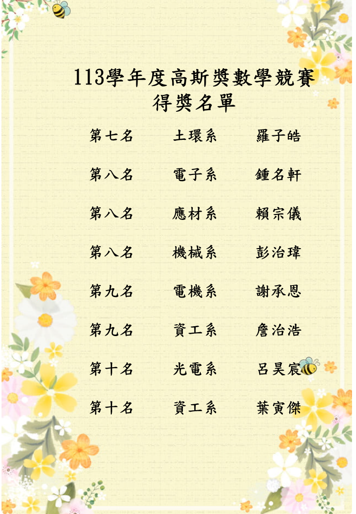 113學年高斯獎數學競賽得獎名單 (2)