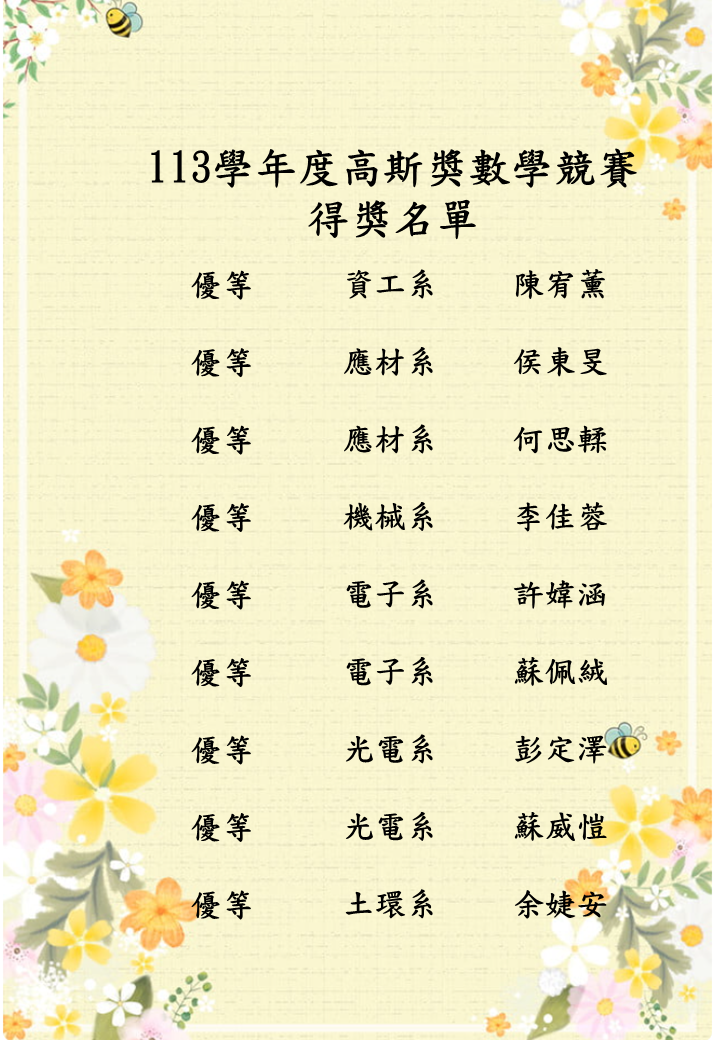 113學年高斯獎數學競賽得獎名單 (3)