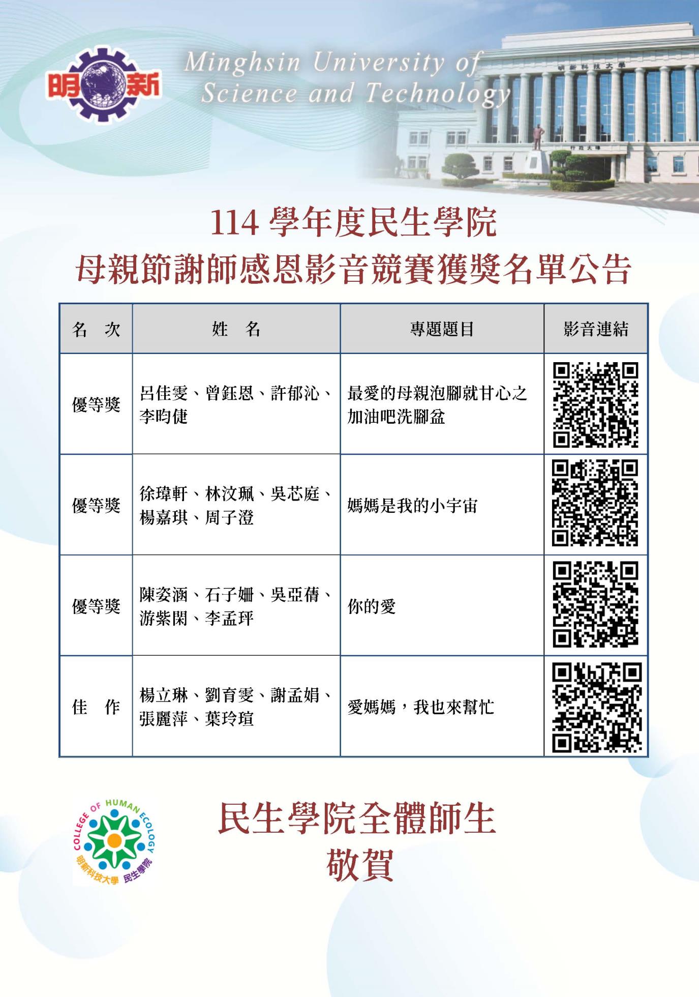 海報-院母親節謝師感恩影音競賽獲獎海報