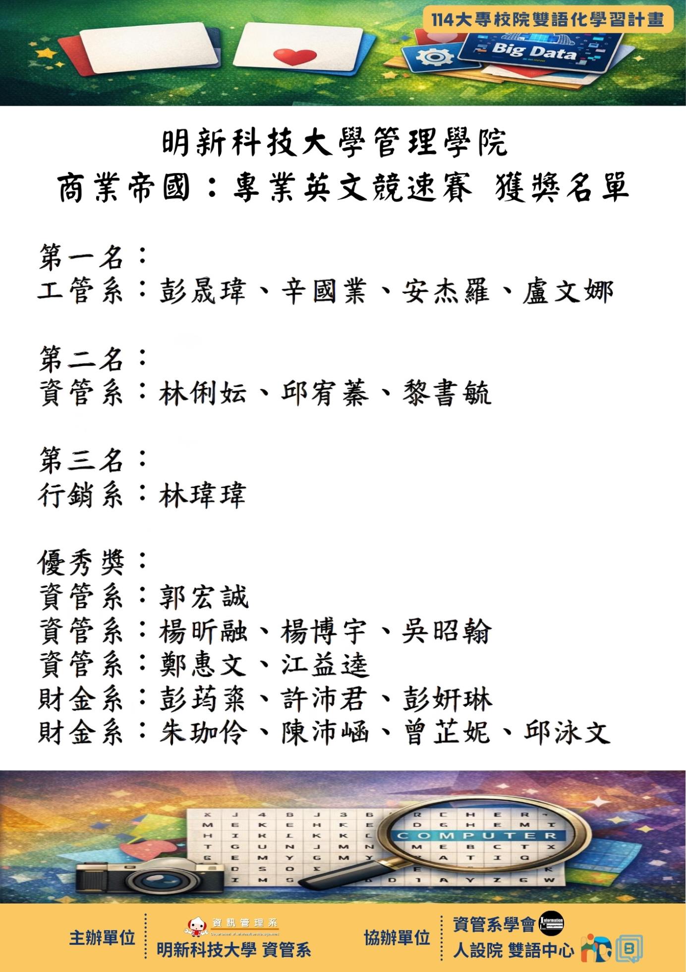 管院專業英文競速賽海報-獲獎