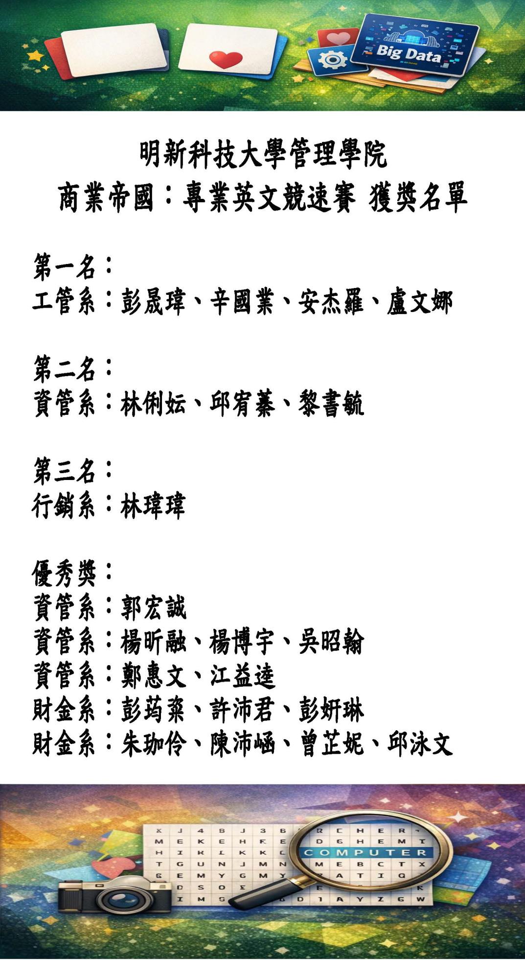管院專業英文競速賽獲獎海報
